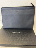 Pre Loved Prada Saffiano Leather Baltico Grey Flat Pouch, Clutch (excellent)