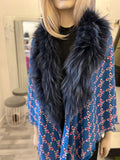 Pre Loved Fendi Fur Trimmed Silk & Wool Shawl in Blue & Pink **reserved AD**