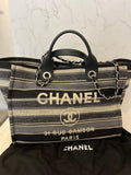Pre Loved Chanel Deauville Tote Bag Leather Handles & Fabric & Chain Straps