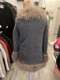 Pre Loved Dolce & Gabbana Grey Wool Knit Coat with Mongolian Lamb Fur Trim size 38 UK 6-8