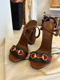 Gucci brown leather and web stripe sandals - Size UK 5