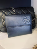 Pre Loved Chanel Blue Iridescent Leather Purse with Camellia - Excellent