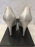 Pre Loved Chanel Silver Leather Platform Heels with Black Toe Detail Size UK 5.5