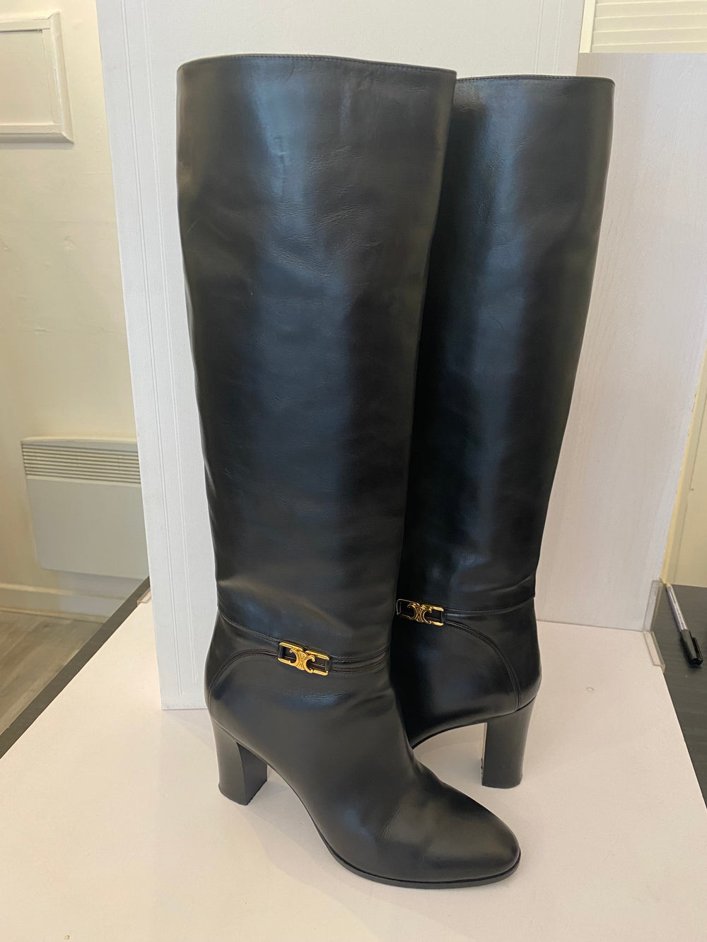 Pre Loved Claude Long Black Leather Triomphe Boots UK 5 (excellent)
