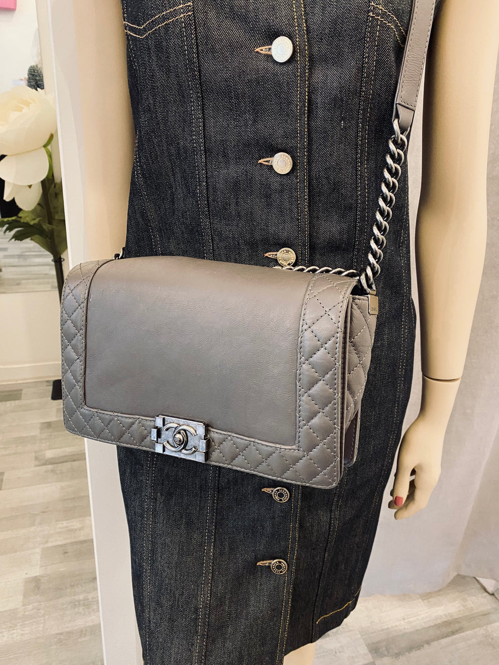 Pre Loved Chanel Medium Reverso Boy Bag in Grey Calf Leather