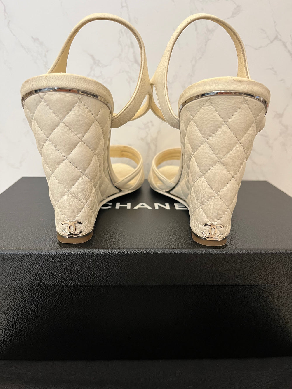 Pre Loved Chanel Ivory Leather Quilted Wedge Sandals UK 4