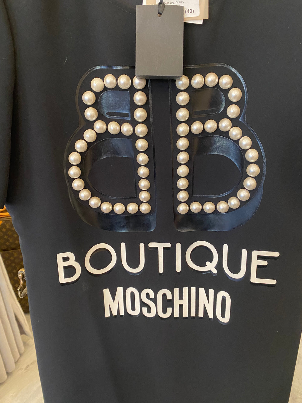 Pre Loved Boutique Moschino Pearl Logo Black Dress UK8 (new)