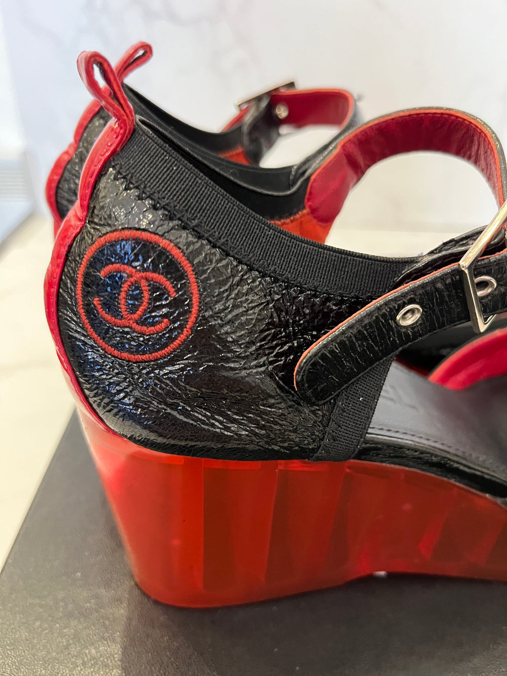 Pre Loved Chanel Black & Red Wedges UK 4