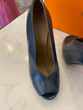 Pre Loved Hermes Military Blue Leather Gloria Peep Toe Pumps UK 3.5 (excellent)
