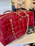 Pre Loved Chanel burgundy chocolate bar quilted patent leather