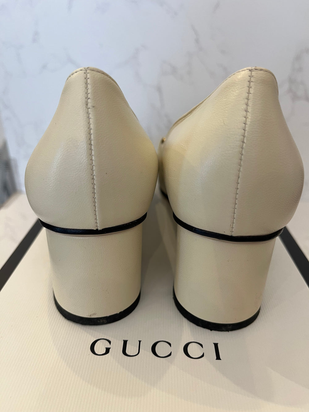 Pre Loved Gucci Sylvie Ivory Leather Block Heels  UK5.5