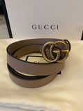 Gucci Narrow Taupe Leather GG Belt with Antique Gold Buckle - 85cm