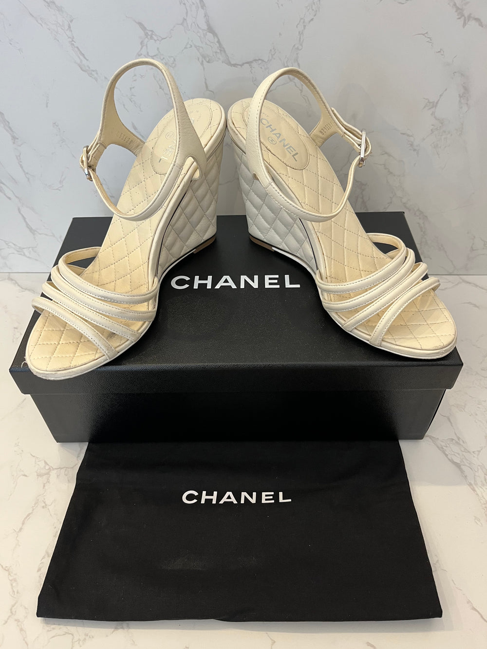 Pre Loved Chanel Ivory Leather Quilted Wedge Sandals UK 4