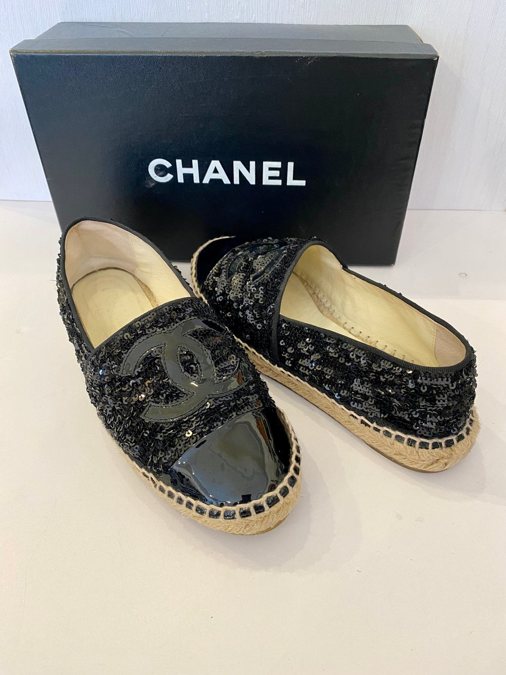 Pre Loved Chanel Black Patent & Sequins Leather Espadrilles size uk4