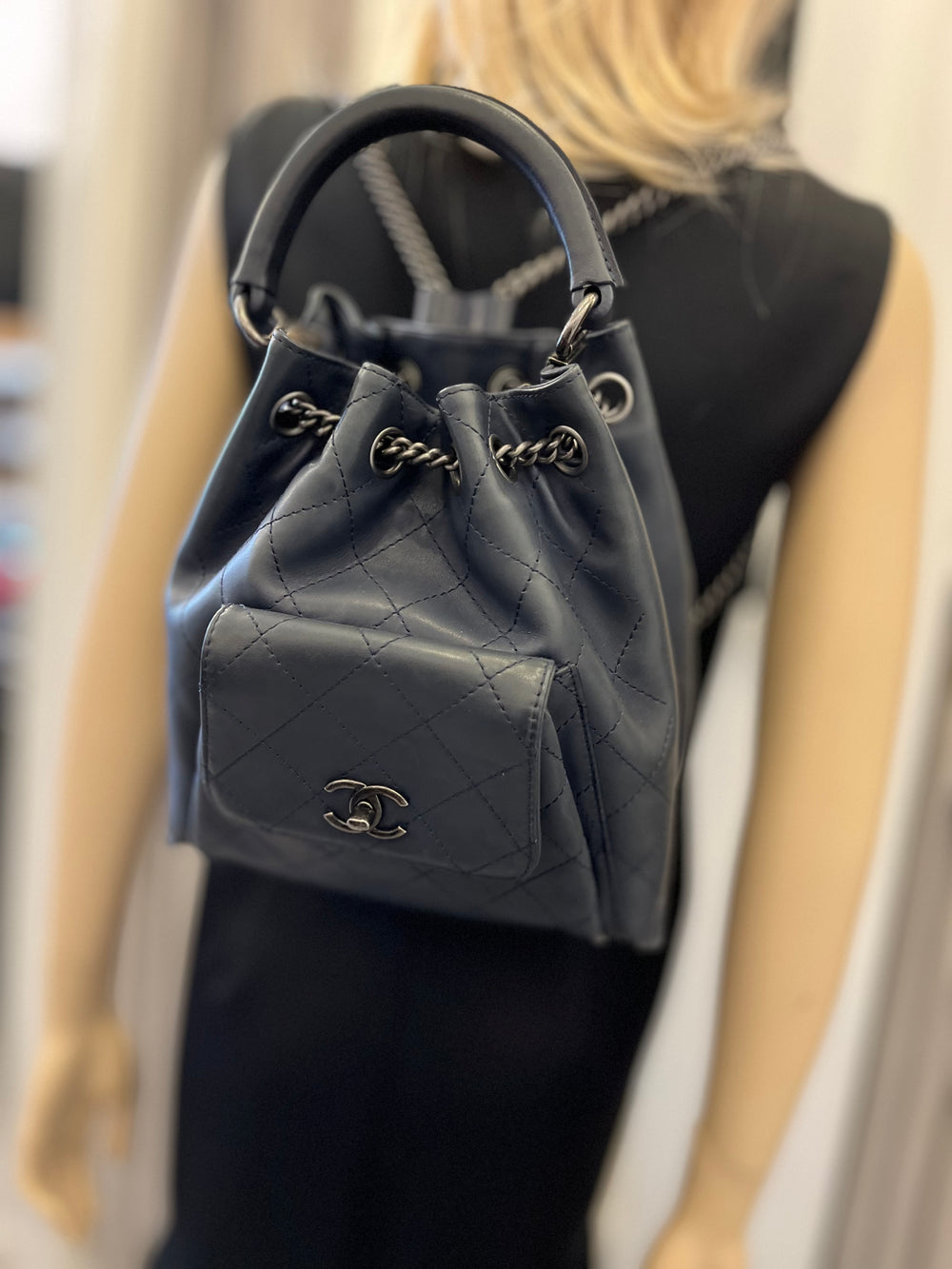Pre Loved Chanel Calfskin Navy Bucket Backpack Bag