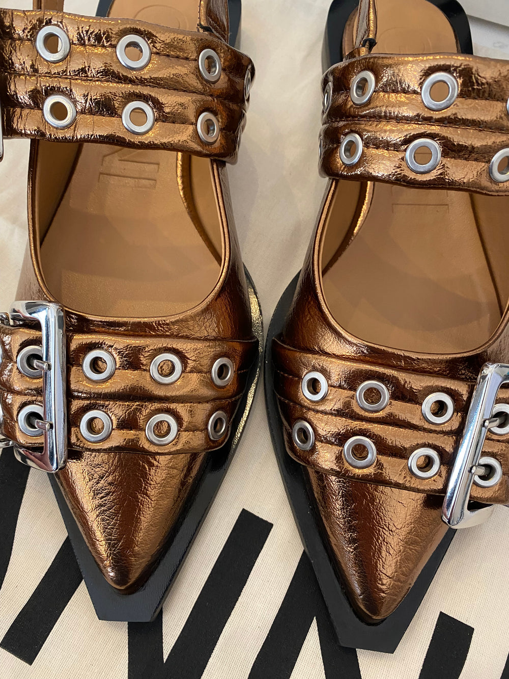 Pre Loved Ganni Metallic Buckle Ballerinas in Bronze UK 5 - NEW