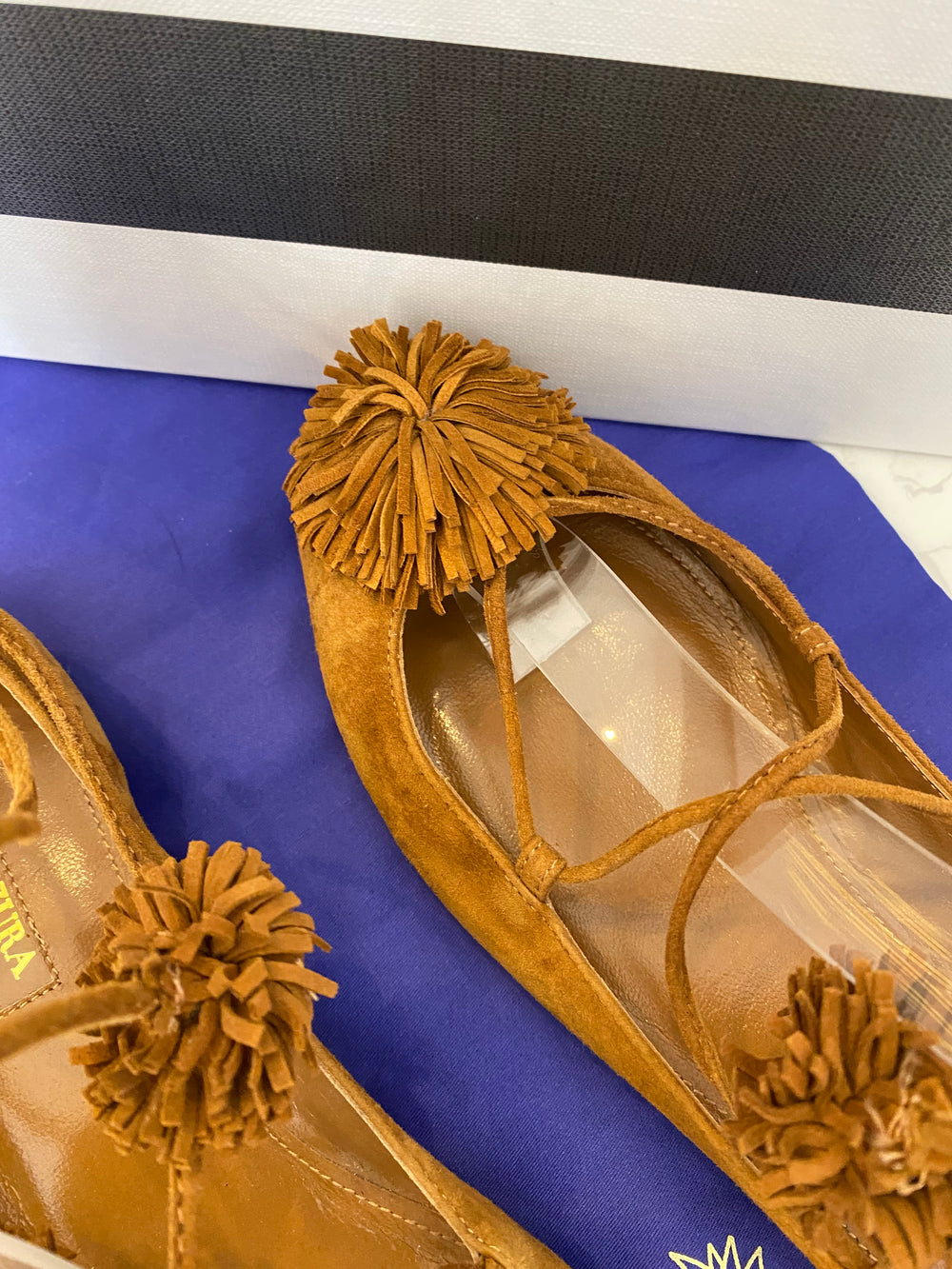 Pre Loved Aquazurra Sunshine Brown Suede Pom Pom Lace up Sandal/ Shoes UK4.5