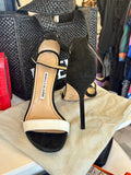 Pre Loved Manolo Blahnik black suede sandals with white bar - UK 5