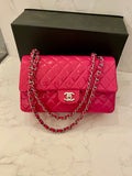 Pre Loved Chanel Classic  Double Flap Bag in Cerise Pink Patent Leather