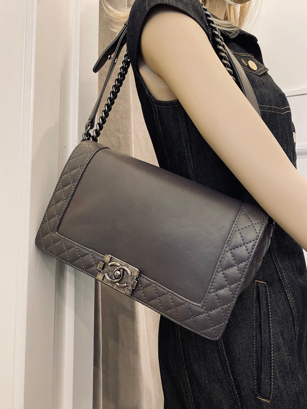 Pre Loved Chanel Medium Reverso Boy Bag in Grey Calf Leather