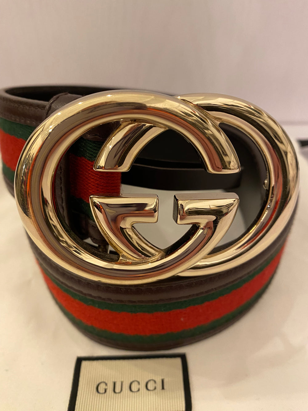 Gucci Brown Leather and Green & Red Web Interlocking GG Belt size 95mm (as new)