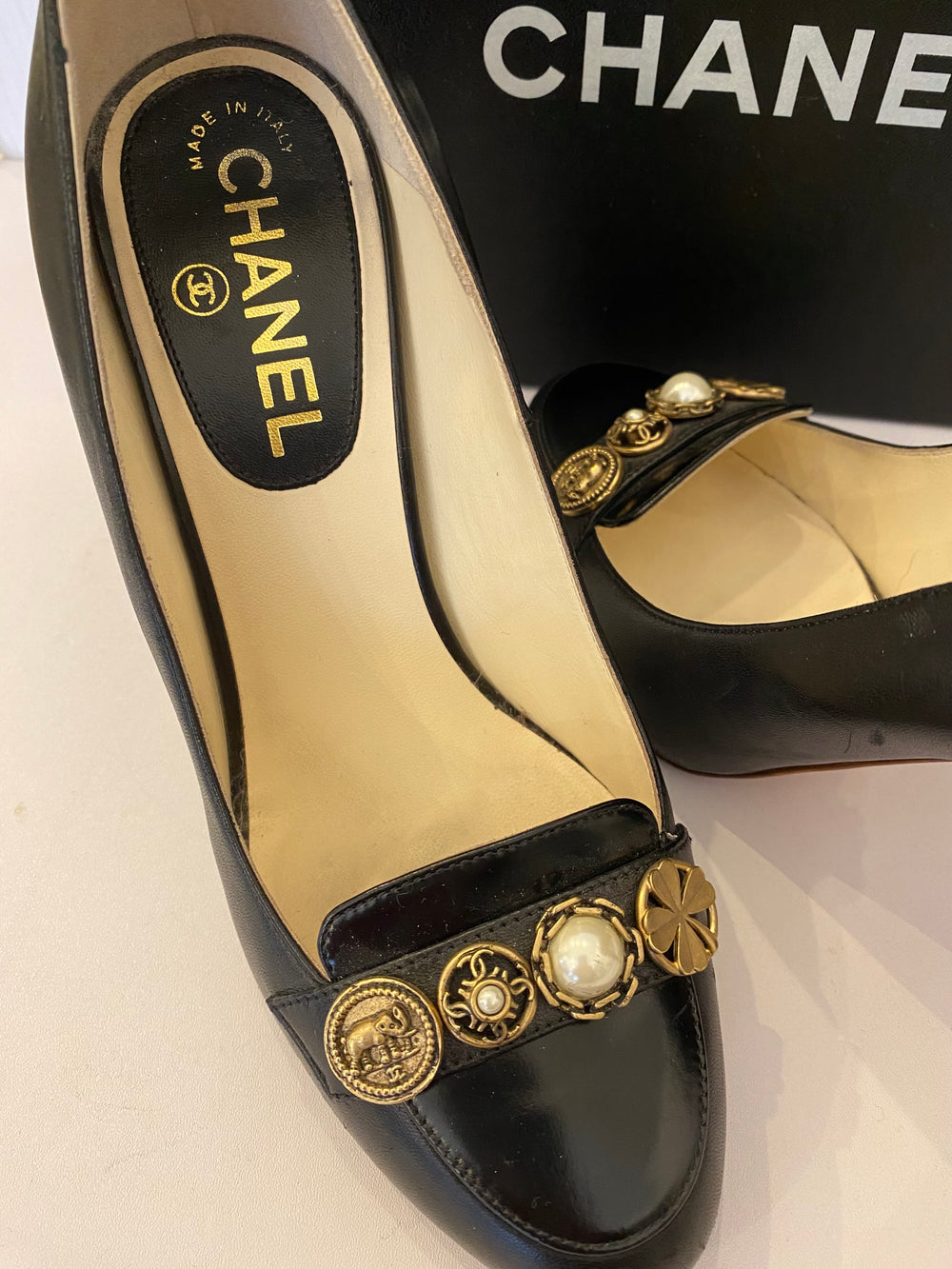 Chanel Vintage Black Leather Embellished Heels uk 4.5