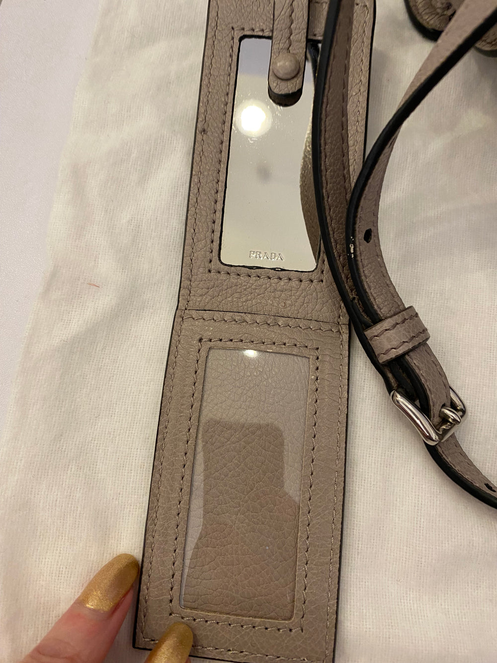 Pre Loved Prada Glace Calf Etiquette Flap Messenger in Pomice Grey (excellent)