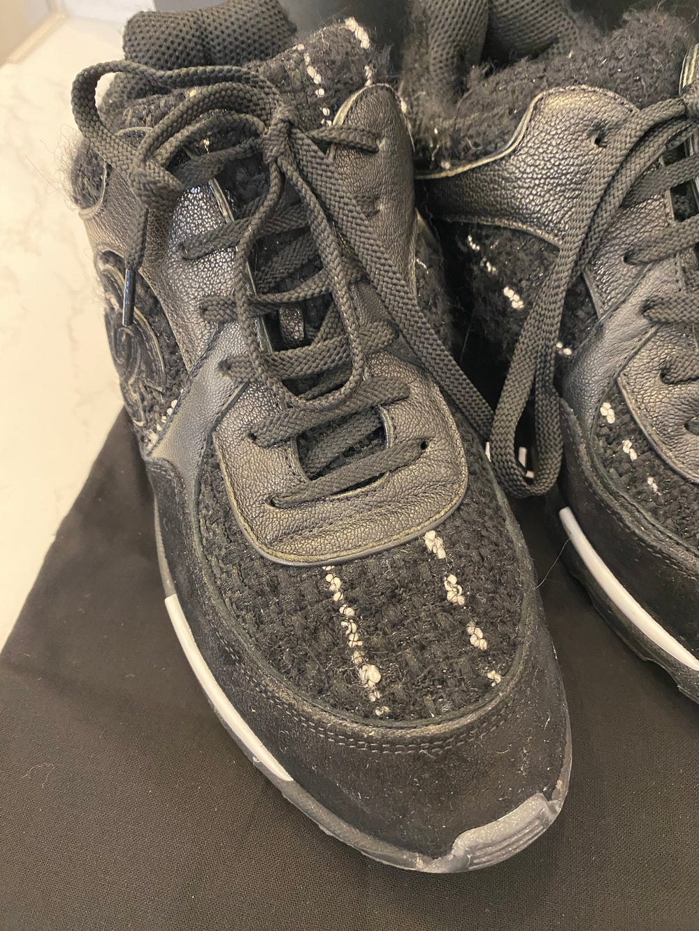 Pre Loved Chanel Black Tweed Suede Goatskin CC Sneakers Size UK 5.5