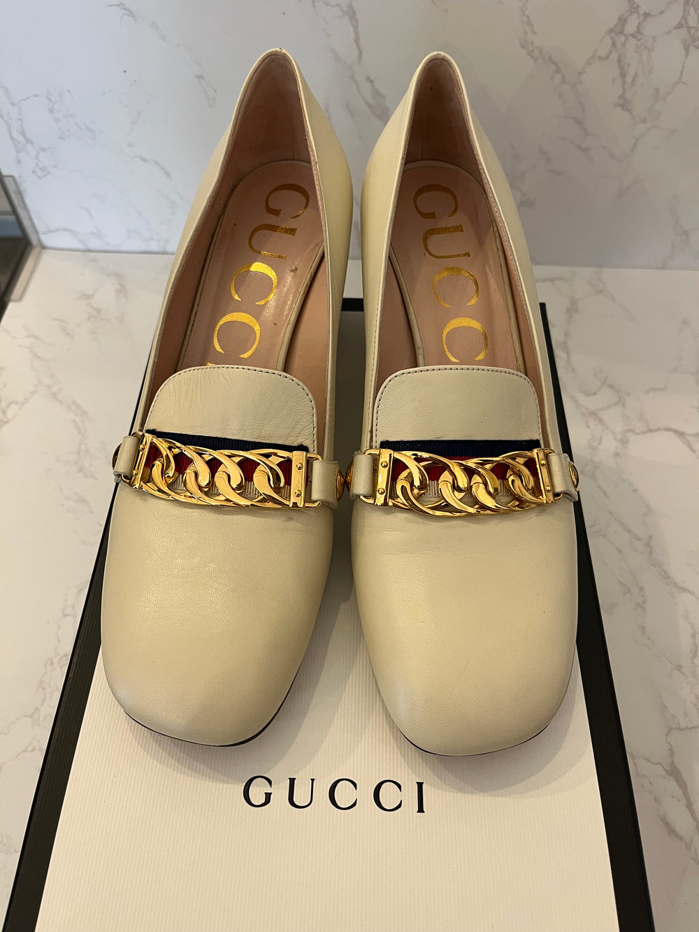 Pre Loved Gucci Sylvie Ivory Leather Block Heels  UK5.5