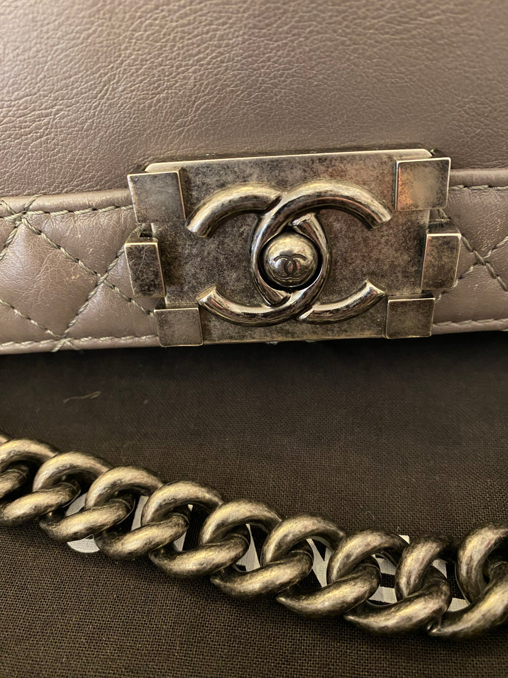Pre Loved Chanel Medium Reverso Boy Bag in Grey Calf Leather