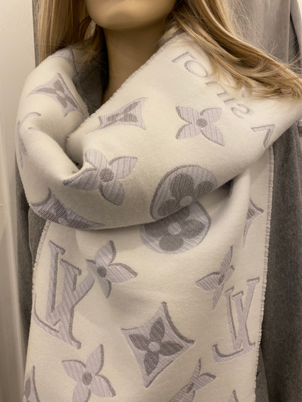 Pre Loved Louis Vuitton Wool & Silk Grey Monogram Scarf - NEW