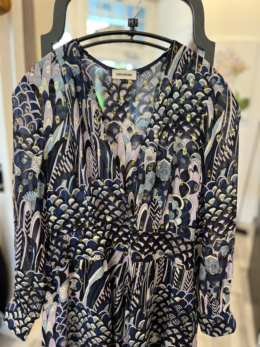 Pre Loved Zadig & Voltaire Blue Silk Dress Gold Metallic Accents Size S uk10