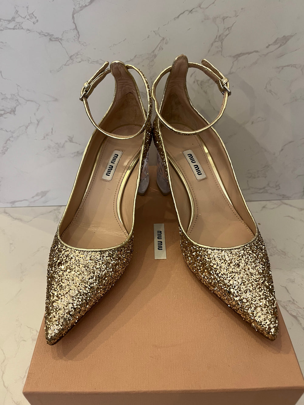 Pre Loved Miu Miu Gold Glitter Pumps with Clear Crystal Block Heel UK 5 New