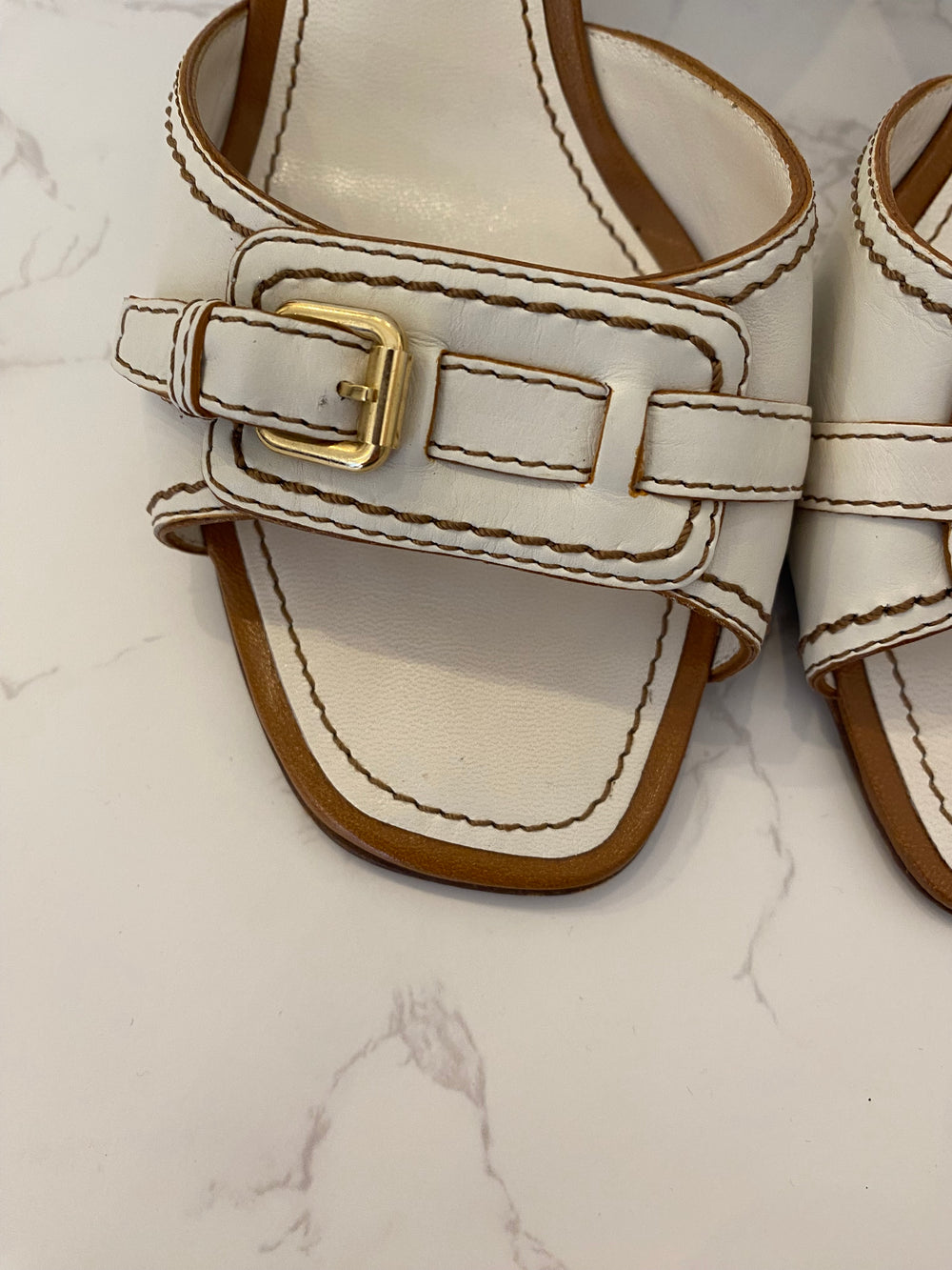 Pre Loved Louis Vuitton Kitten Heel Mules in Cream Leather UK5