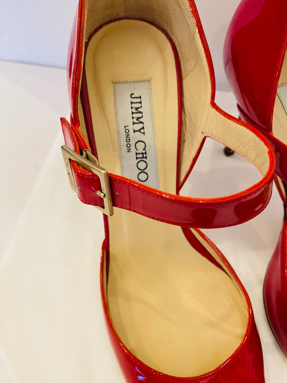 Pre Loved Jimmy Choo Red Patent Mary Jane Heels uk3