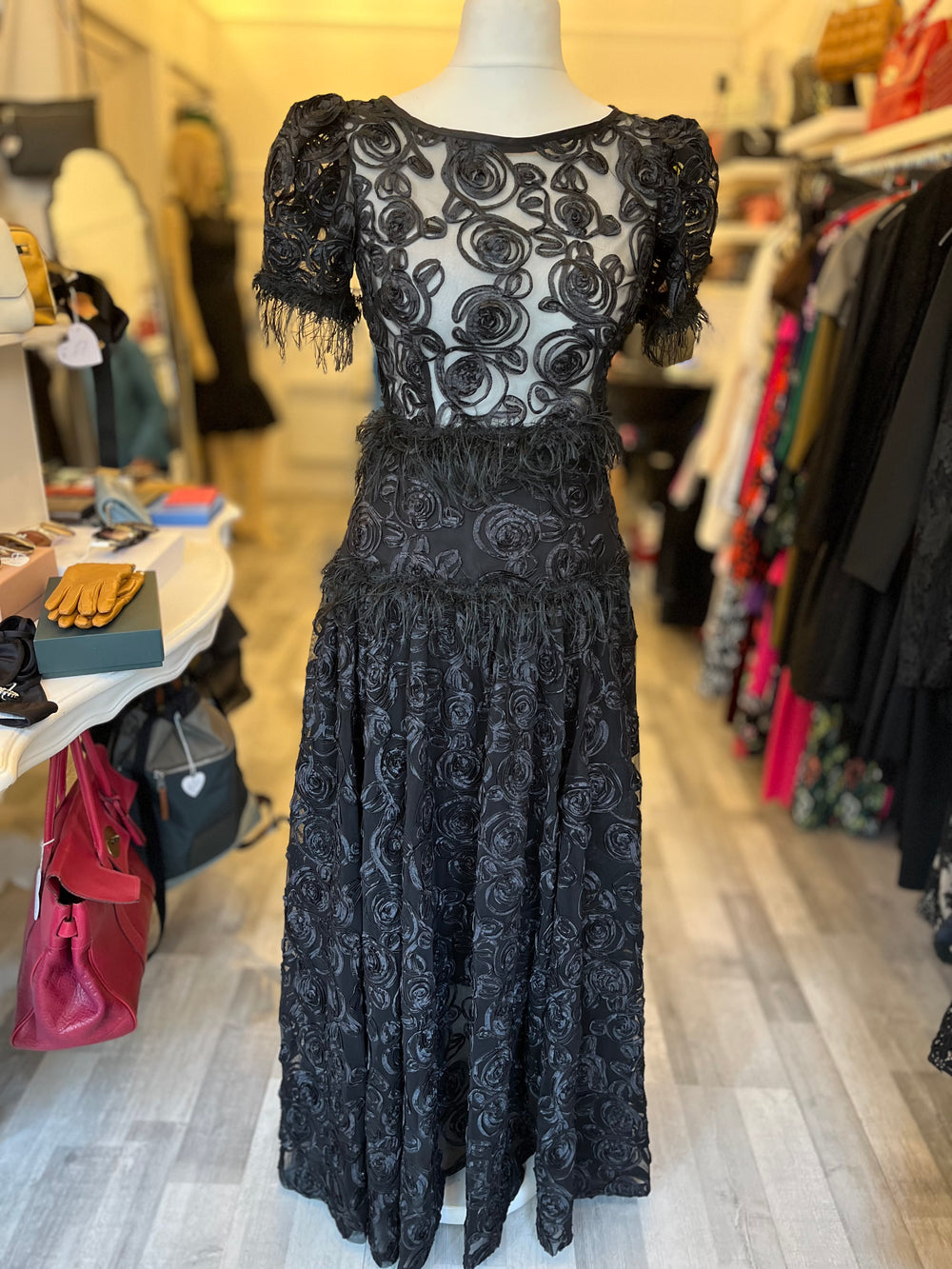 Pre Loved Spencer Railton Black Lace Ribbonwork & Feathers 2 Piece uk8-10