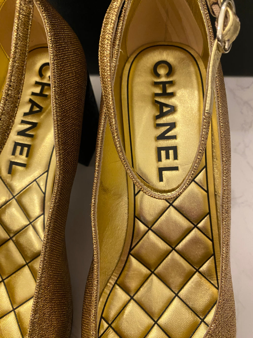 Pre Loved Chanel Black & Gold Mary Jane Heels UK 6 (new)