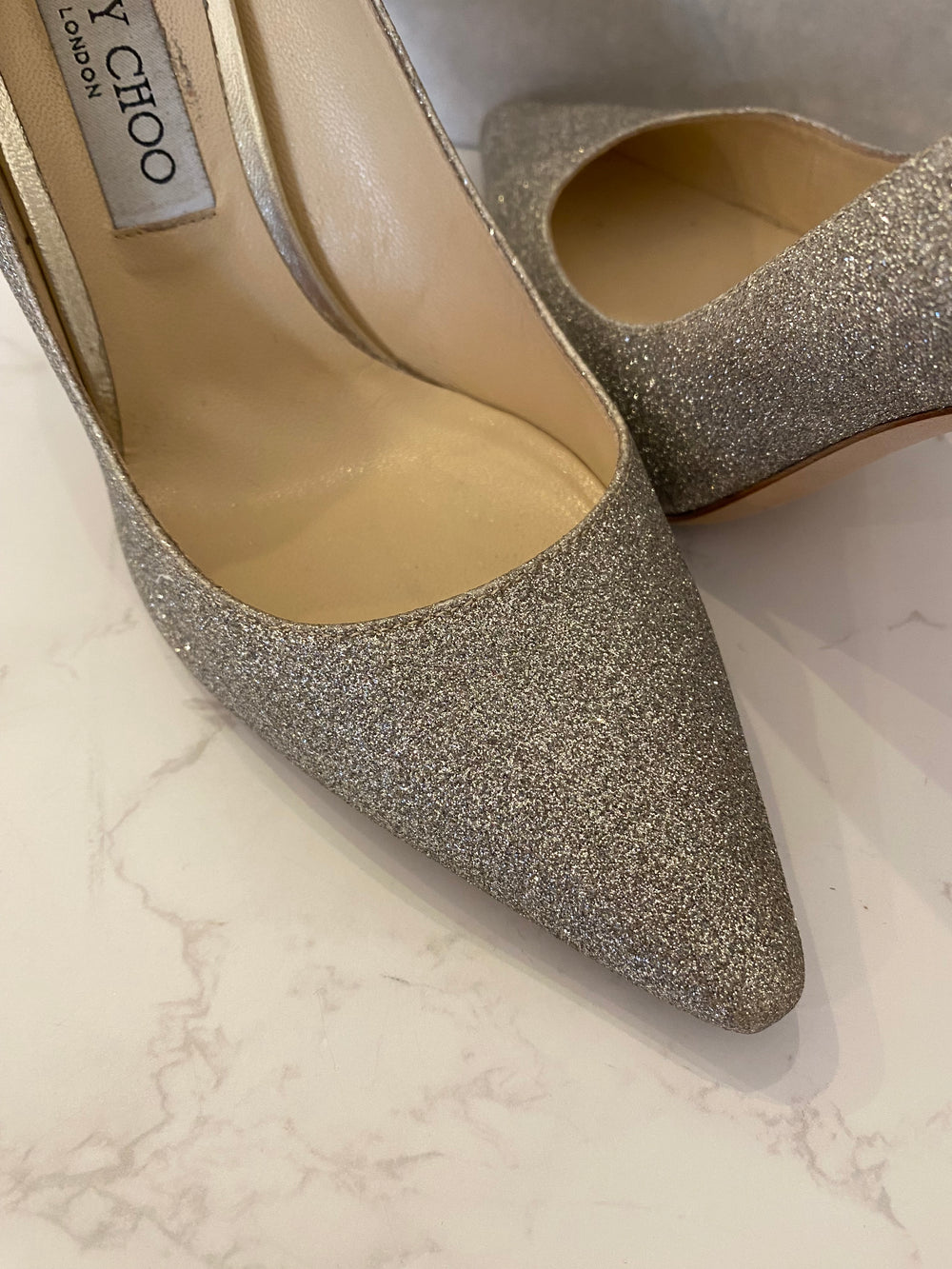 Pre Loved Jimmy Choo Romy 100 in Champagne Glitter uk6.5