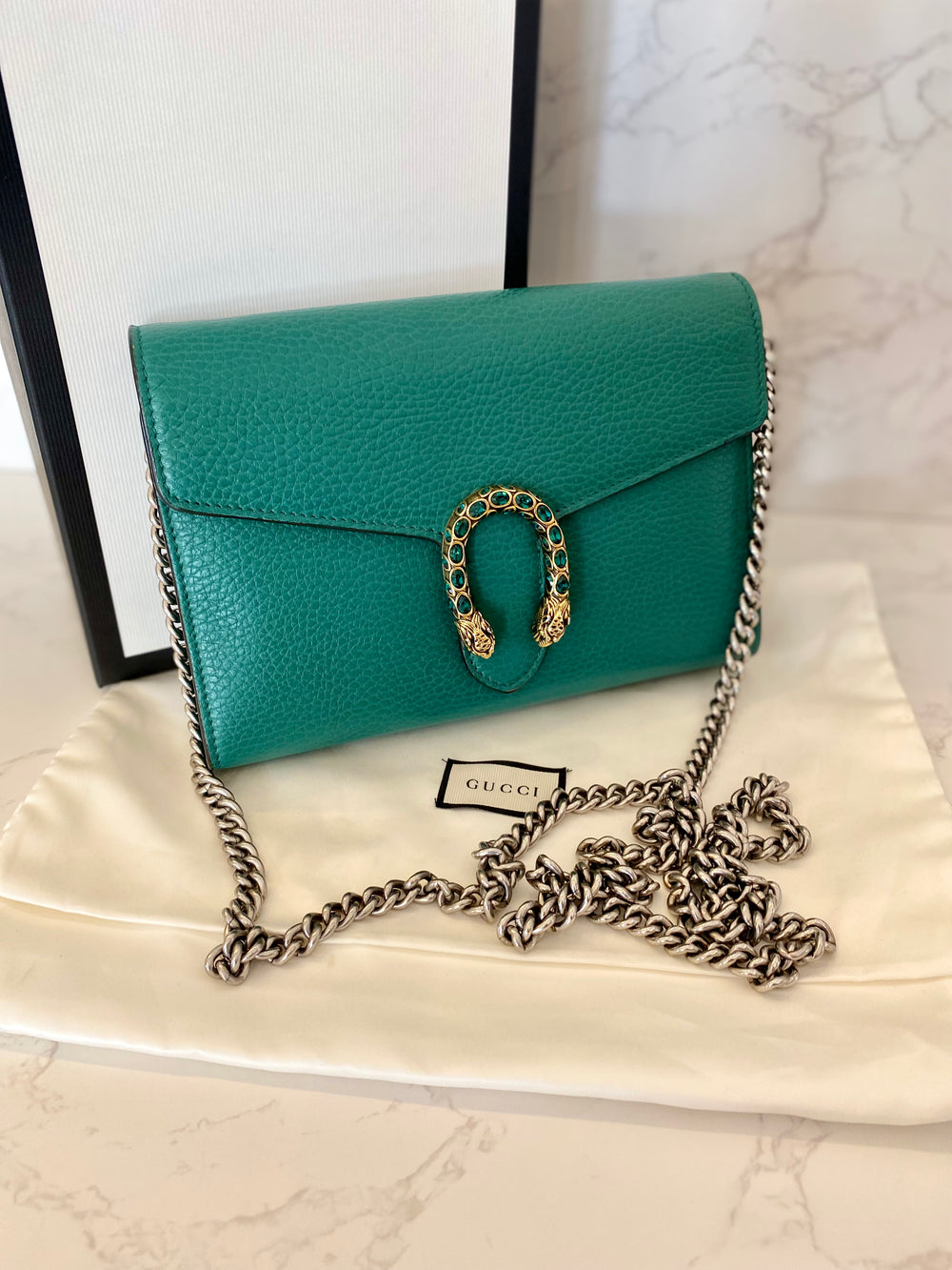 Pre Loved Gucci Dionysus Wallet on a Chain in Emerald Green - Excellent