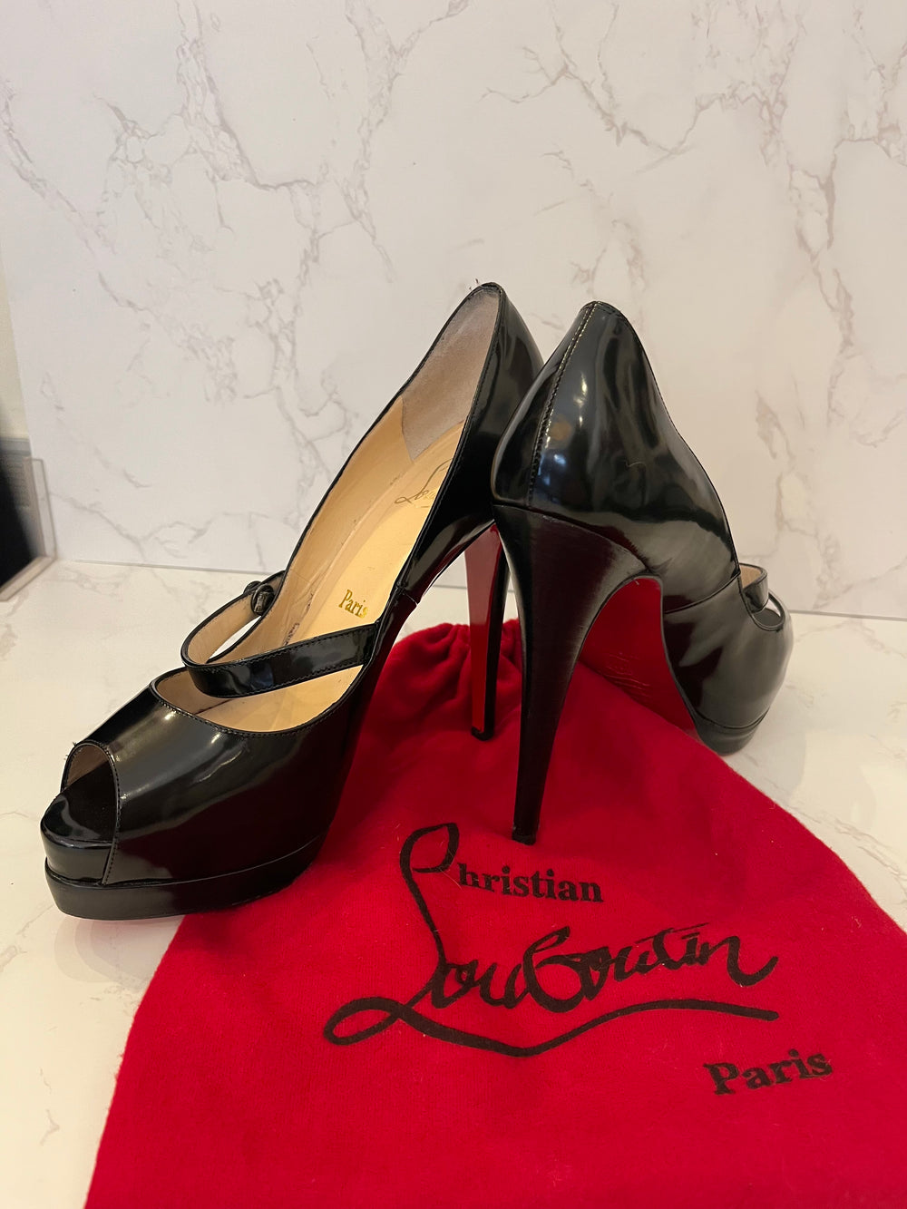 Pre Loved Christian Louboutin 130 Black Patent Peeptoe Mary-Jane Heels Size UK 5.5