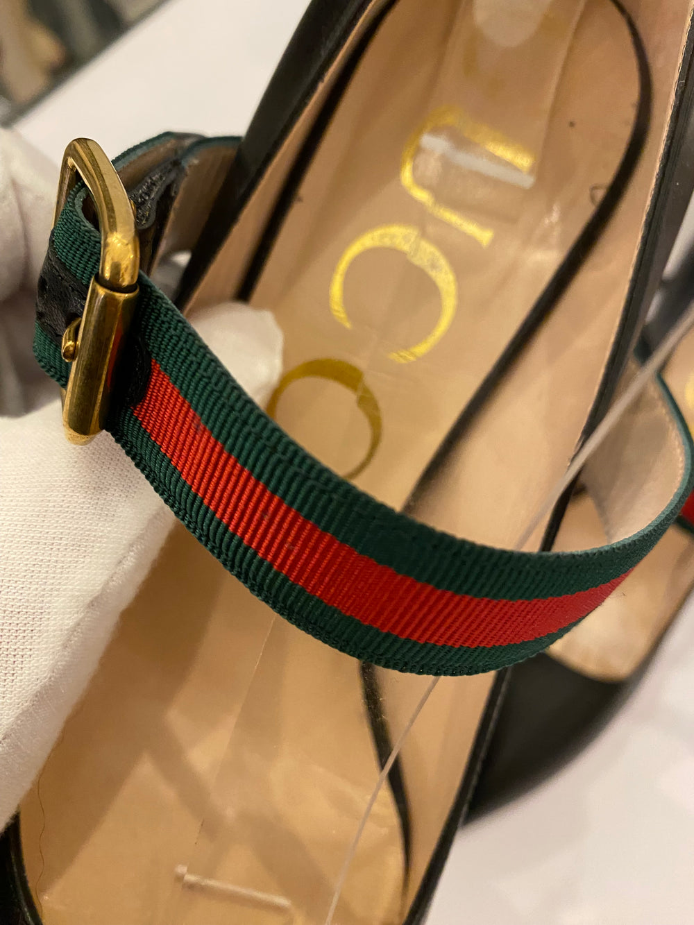 Pre Loved Gucci Sylvie Web Stripe Heels uk3.5