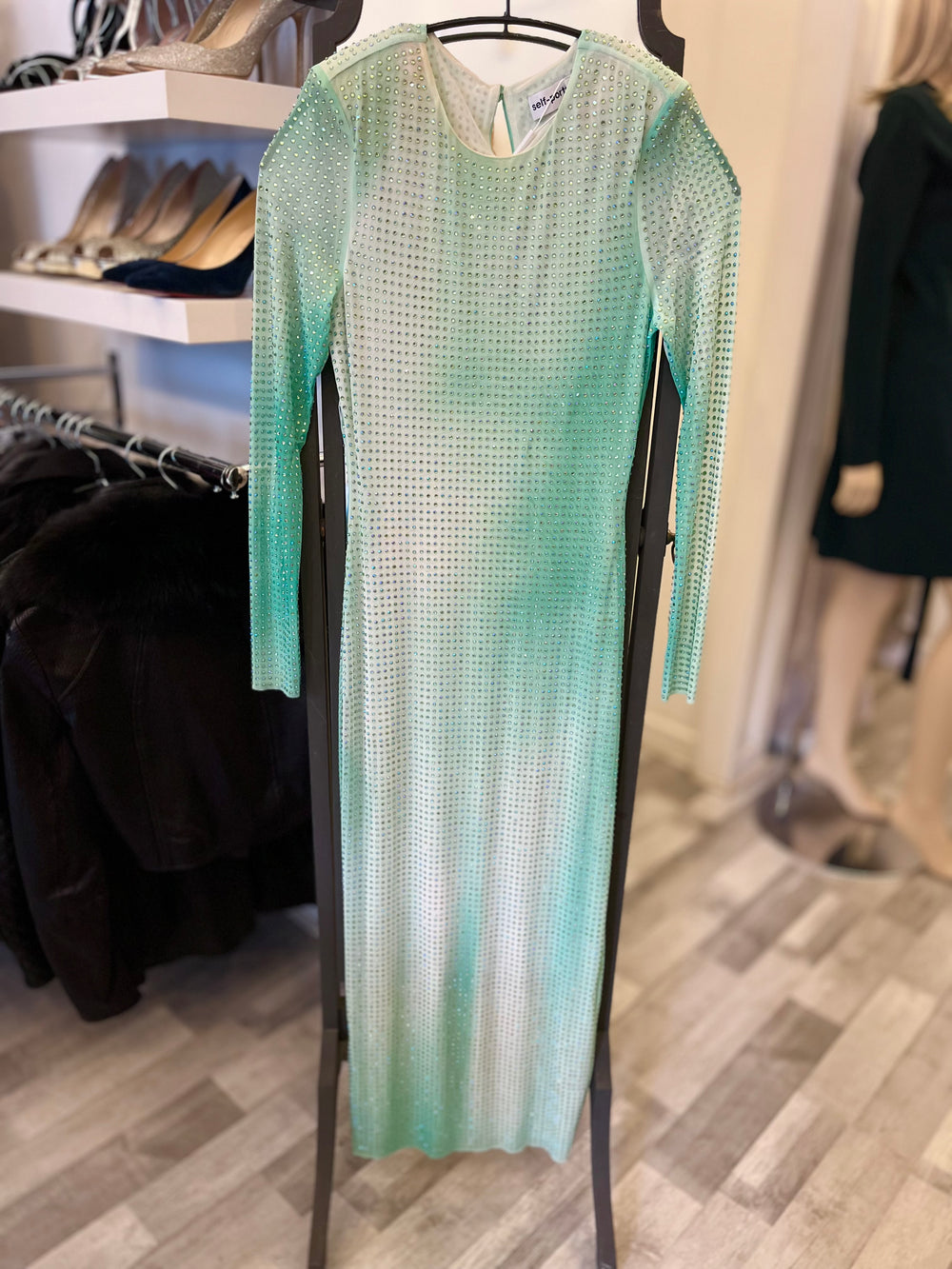 Pre Loved Self Portrait Green Contour Midi Dress with Crystals (new)