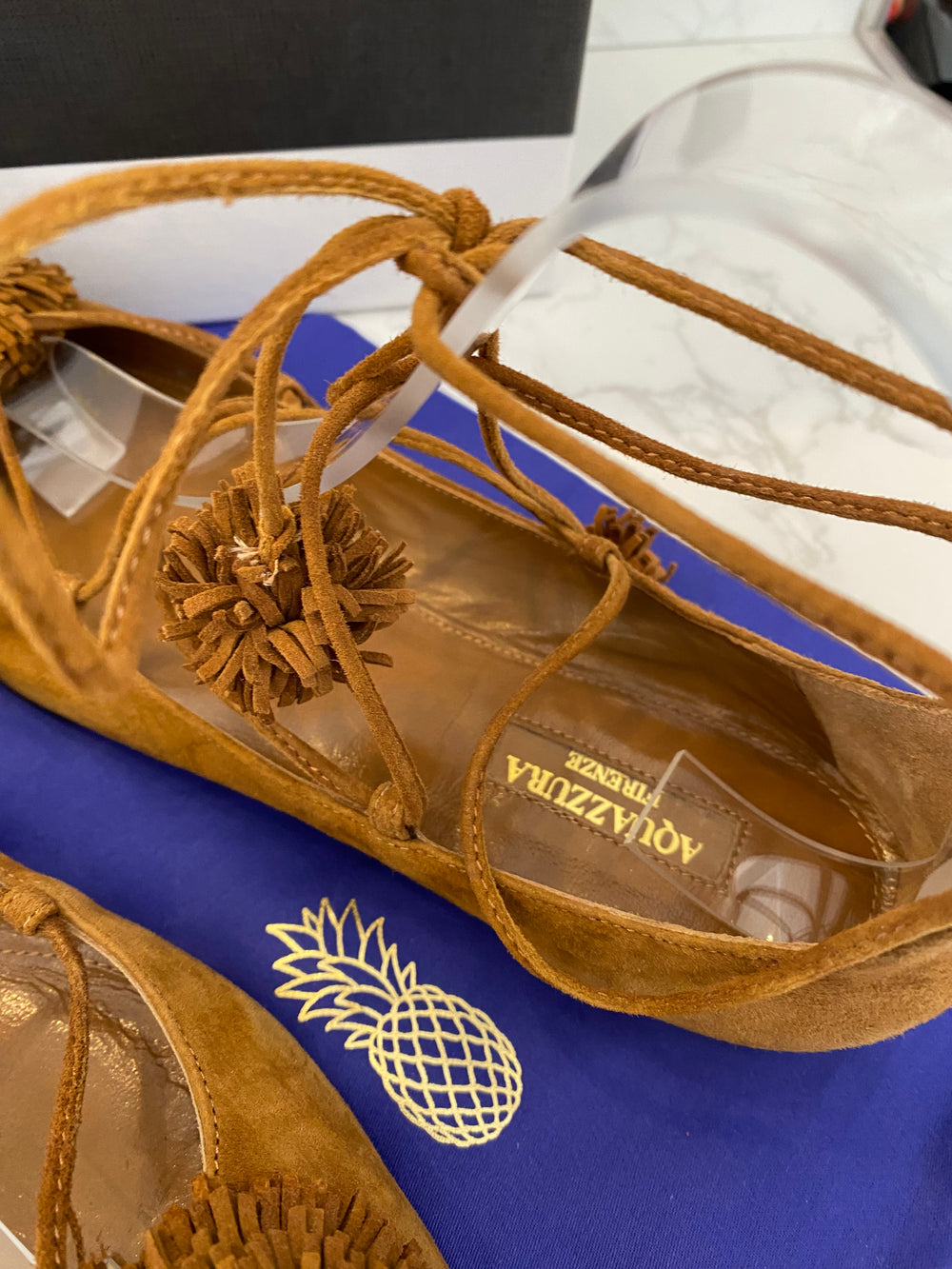 Pre Loved Aquazurra Sunshine Brown Suede Pom Pom Lace up Sandal/ Shoes UK4.5