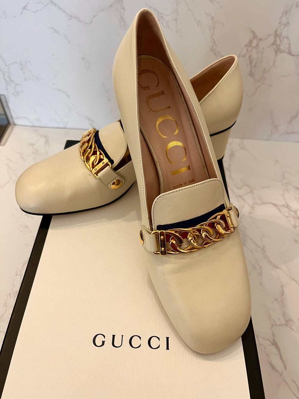 Pre Loved Gucci Sylvie Ivory Leather Block Heels  UK5.5