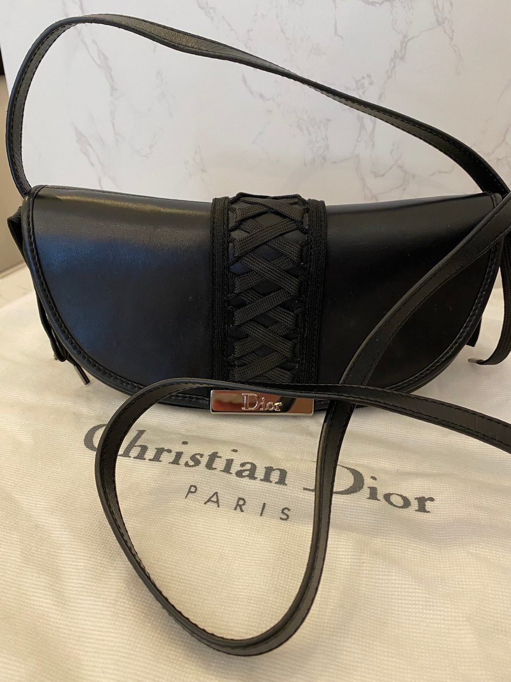 Pre Loved Christian Dior Corset Saddle Bag in Black Leather