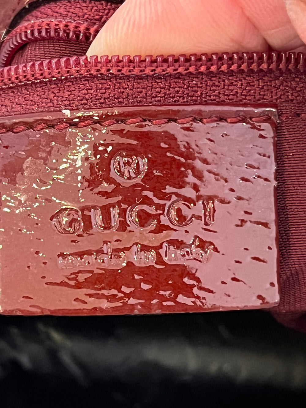 Pre Loved Vintage Gucci Brown Monogram Canvas & Oxblood Patent Leather Bag