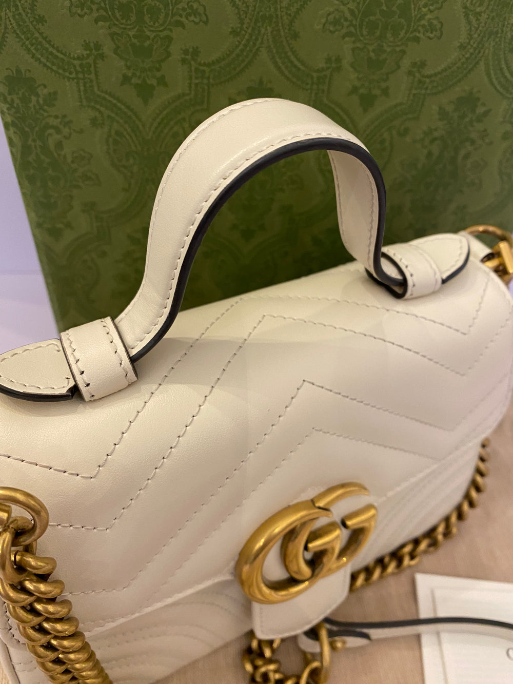 Pre Loved Gucci Marmont Small Top Handle Handbag in White (Cream) pristine as new