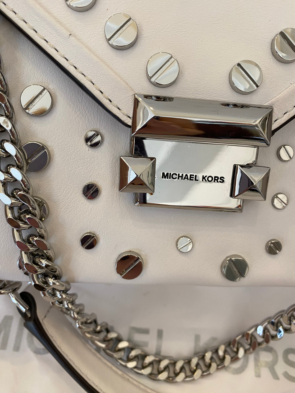 Pre Loved Michael Kors Whitney Handbag in White Leather with Silver Studs (excellent)