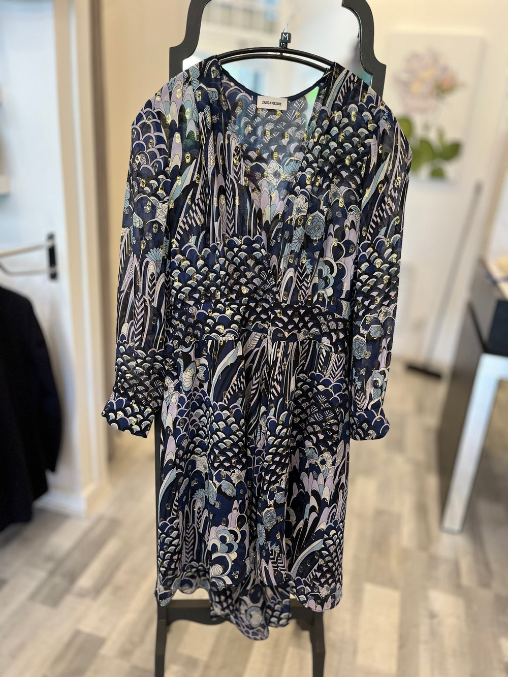 Pre Loved Zadig & Voltaire Blue Silk Dress Gold Metallic Accents Size S uk10