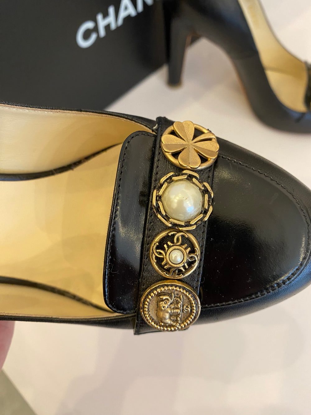 Chanel Vintage Black Leather Embellished Heels uk 4.5